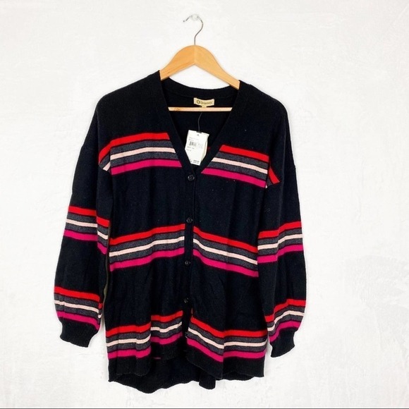 Democracy Black Stripe Girlfriend Cardigan Sweater M Medium - Picture 2 of 6